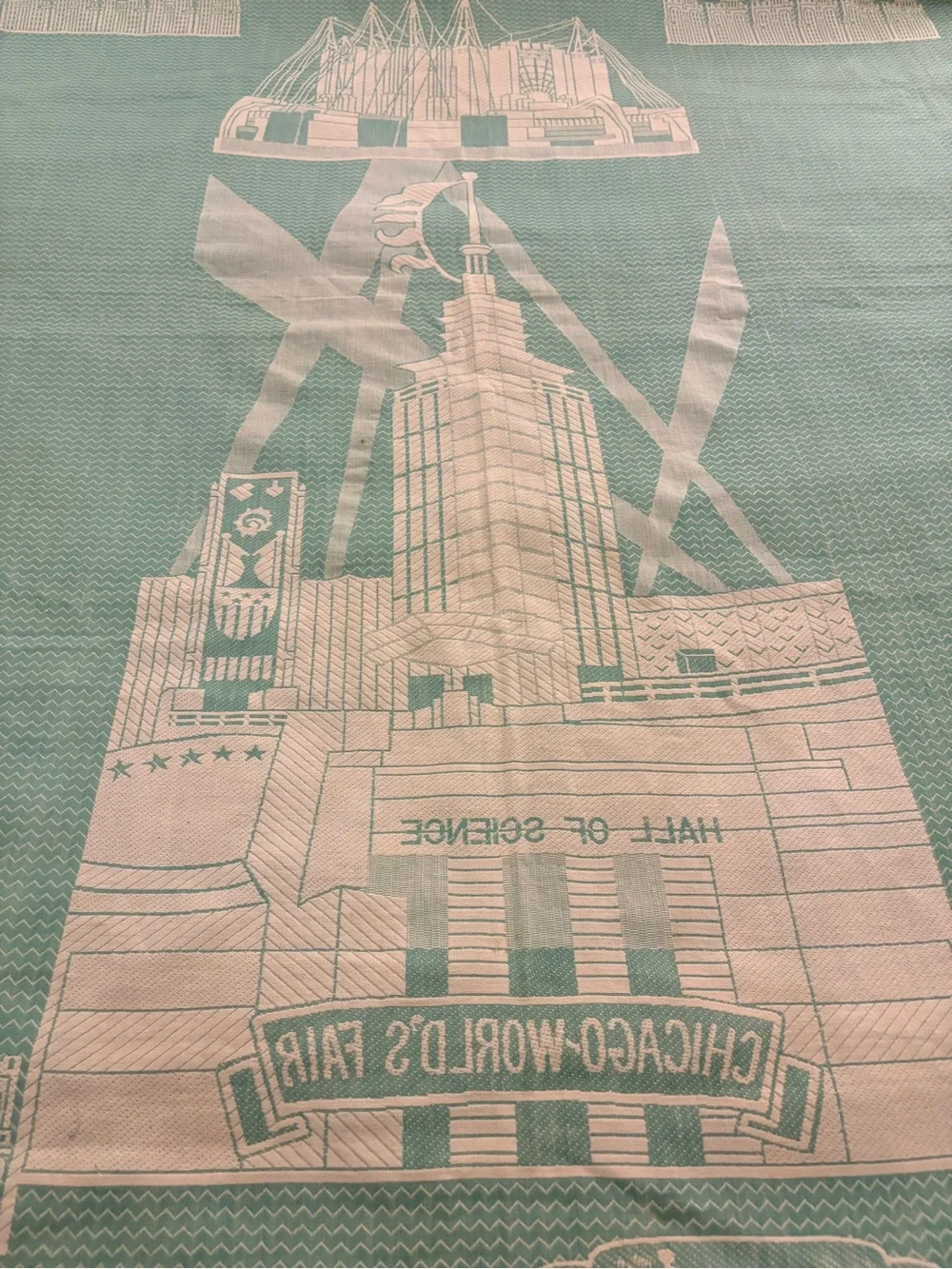 Vintage Chicago 1933 Authentic World’s Fair Jacquard Bedspread - Green & Cream